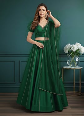 Elegant Green Silk Zari Beads Sequins Hand Embroidered A Line Lehenga