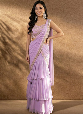 Elegant Lavender Georgette Sequins Hand Embroidered Cutdana Saree