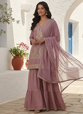 Elegant Lavender Vichitra Silk Zari Sequins Embroidered Sharara Suit