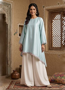Elegant Light Blue Silk Ready Lace Indowestern Sets And Suits