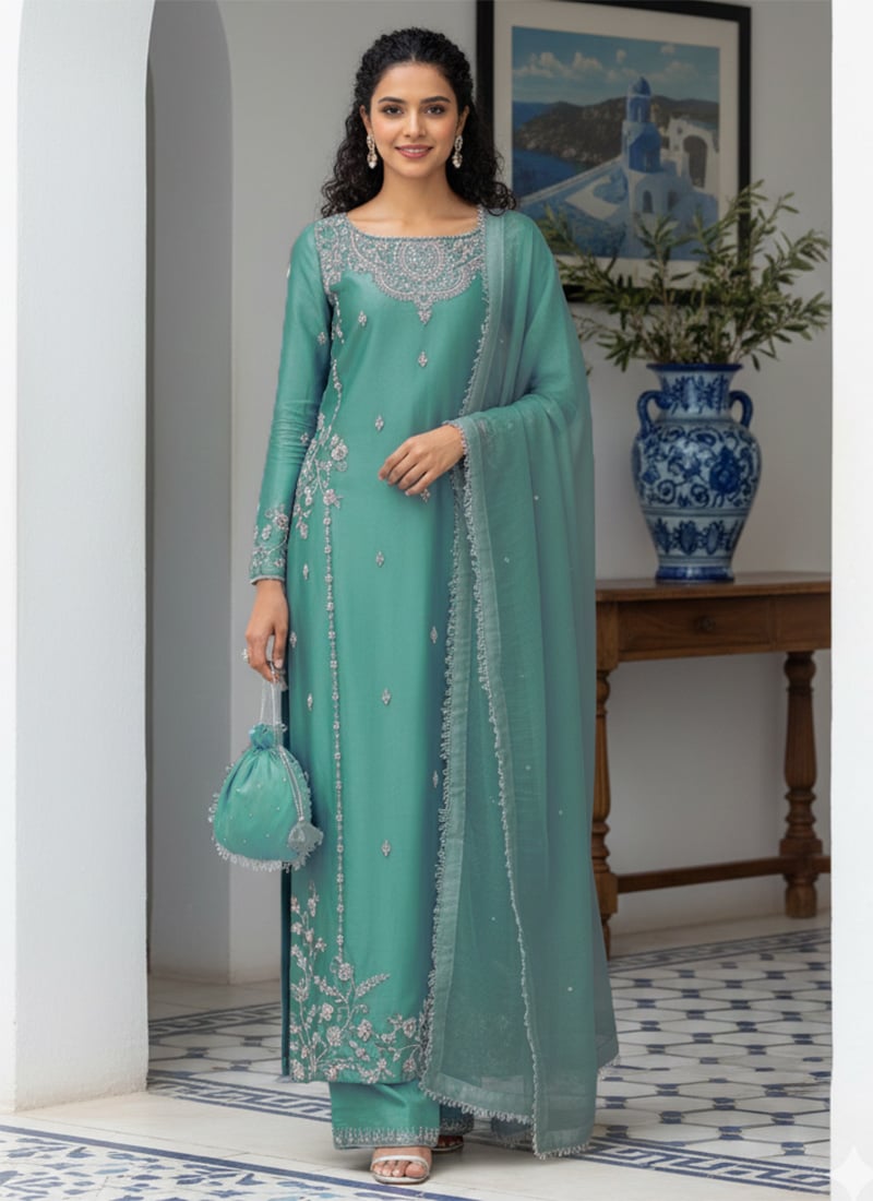 Elegant Light Blue Silk Zari Stones Embroidered Straight Pant Suit Festive Wear