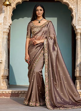 Elegant Light Brown Tissue Moti Sequins Saree Wedding Wear