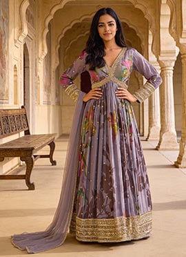 Elegant Lilac Chinon Digital Print With Zardosi Sequins Empire Waist Anarkali