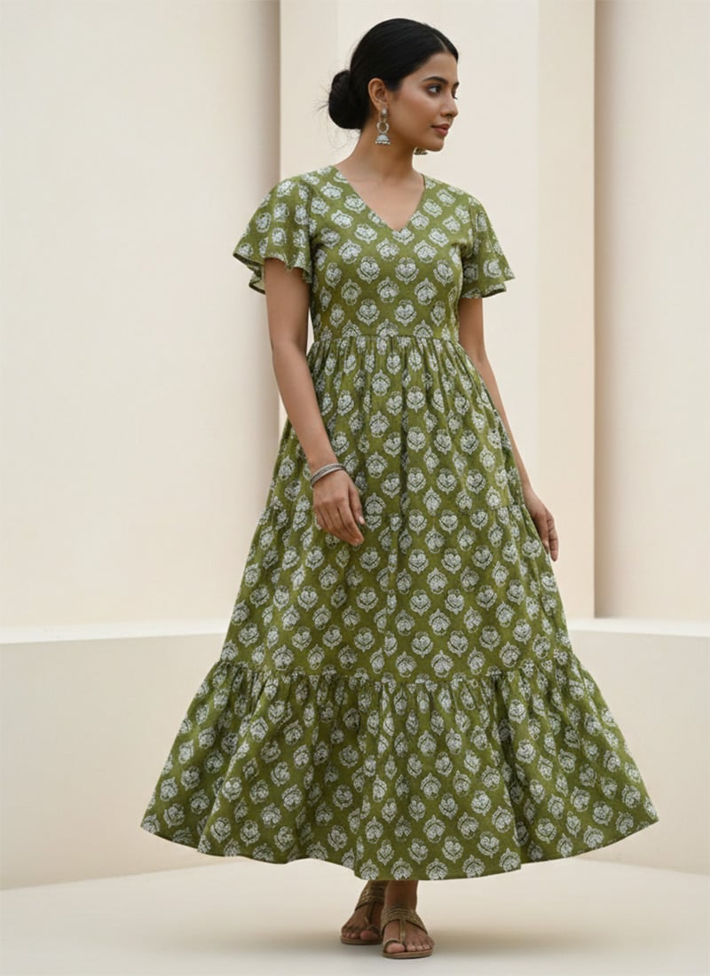 Elegant Olive Green Silk Cotton Printed Long Dress After Six Wear