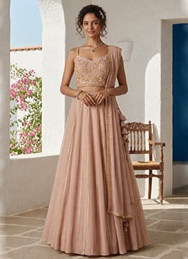 Elegant Peach Georgette Zari Hand Embroidered A Line Lehenga