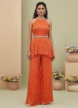 Elegant Peach Rayon Indowestern Palazzo Set
