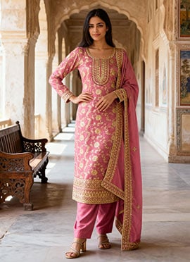 Elegant Pink Jacquard Silk Zari Sequins Straight Pant Suit