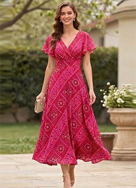 Elegant Pink Printed Silk Midi Dress