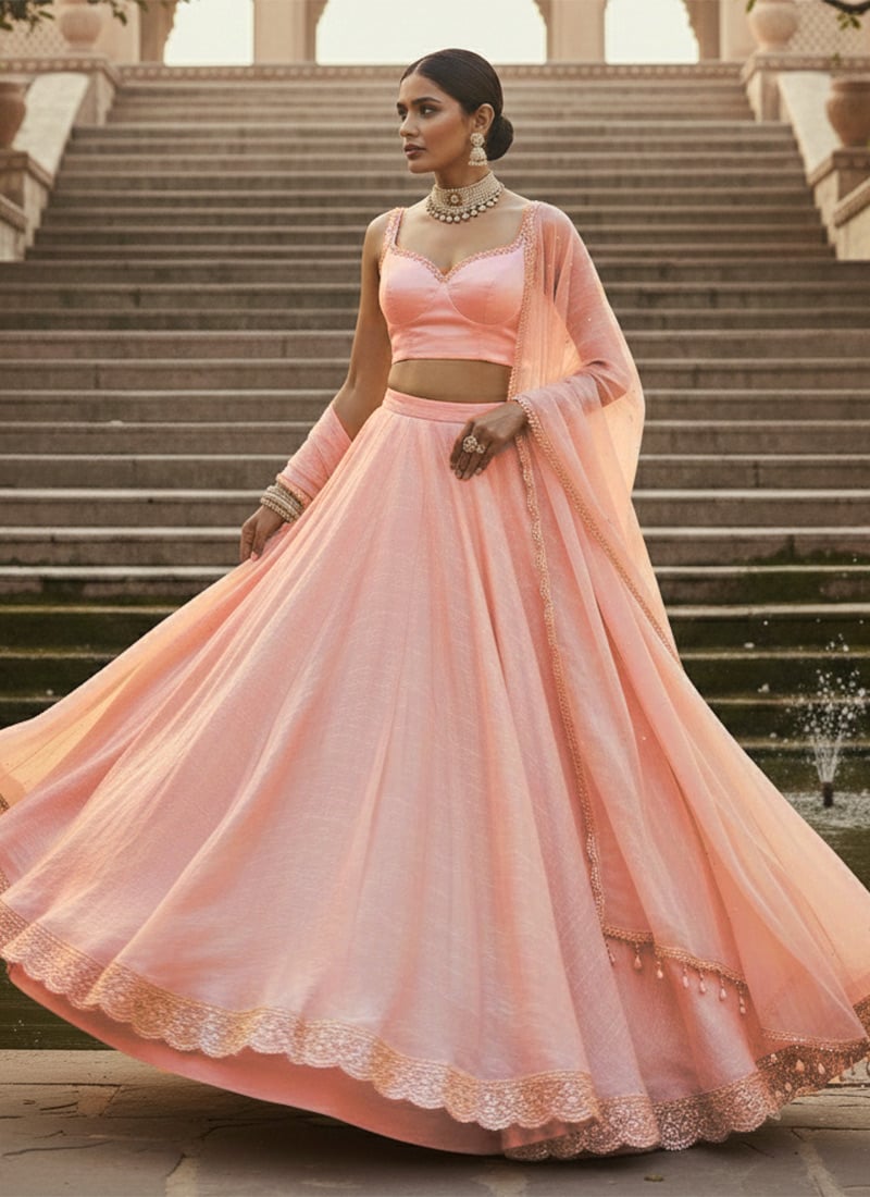 Elegant Pink Silk Circular Umbrella Lehenga Wedding Wear