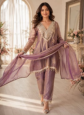 Elegant Purple Fendy Silk Mirror Work Embroidered Lace Work Straight Pant Suit