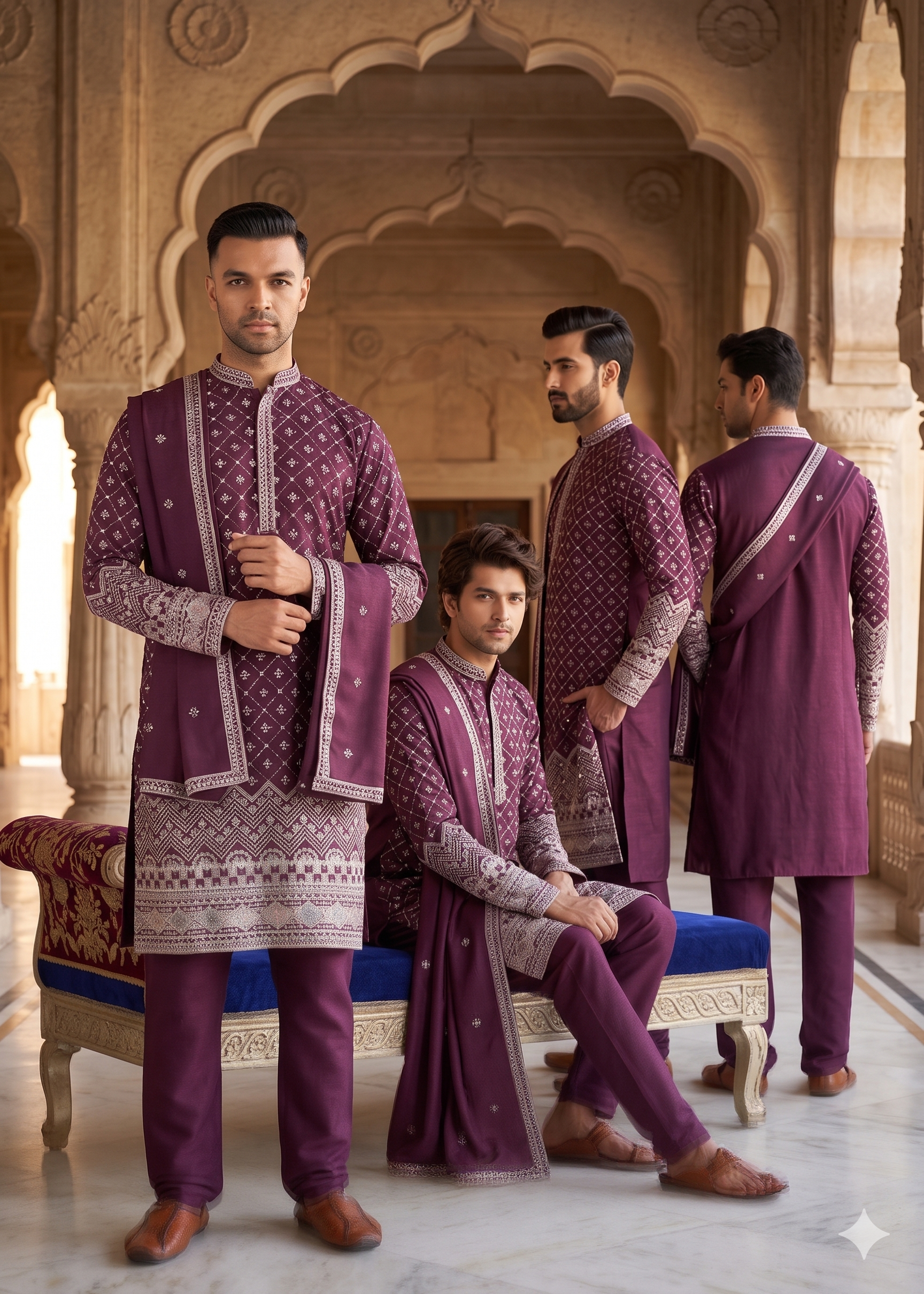 Elegant Purple Silk Embroidered Kurta Pyjama Wedding Wear