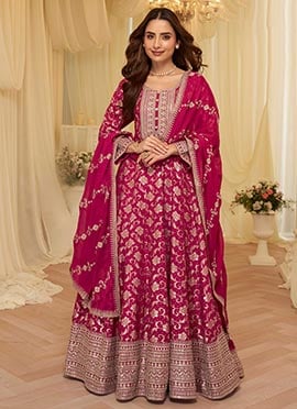 Elegant Rani Pink Viscose Embroidered Sequins Beads Jacquard Anarkali Suit