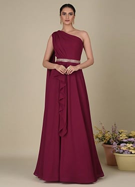 Elegant Red Georgett Indowestern One Shoulder Gown