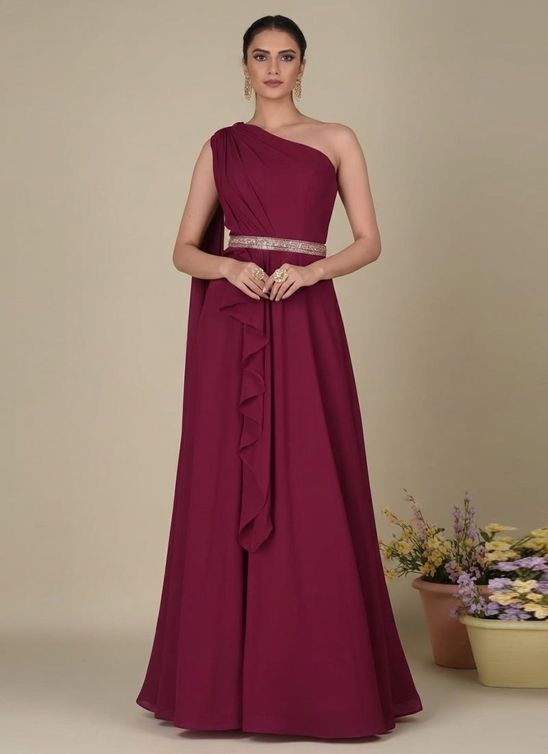 Elegant Red Georgett Indowestern One Shoulder Gown Party Wear