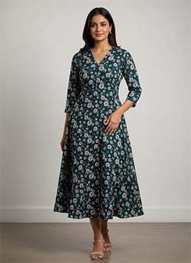 Elegant Teal Floral Chinon Midi Dress