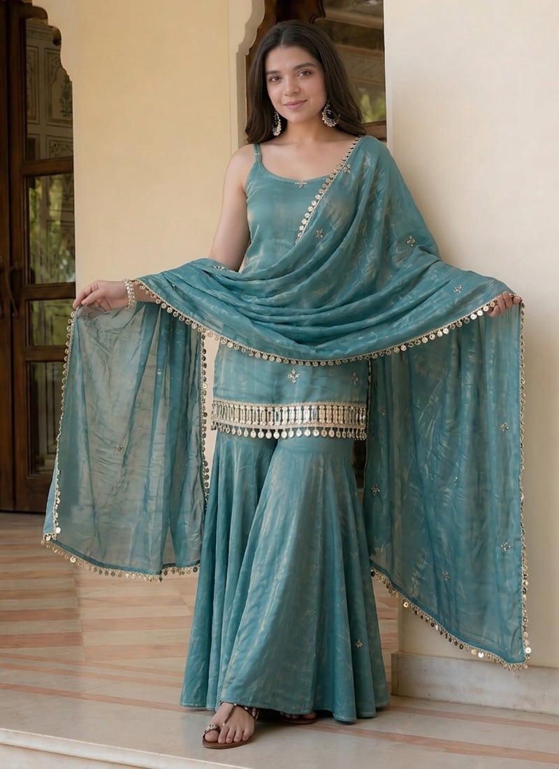 Elegant Teal Premium Fandy Silk Zari And Sequence Embroidery Sharara Suit After Six Wear