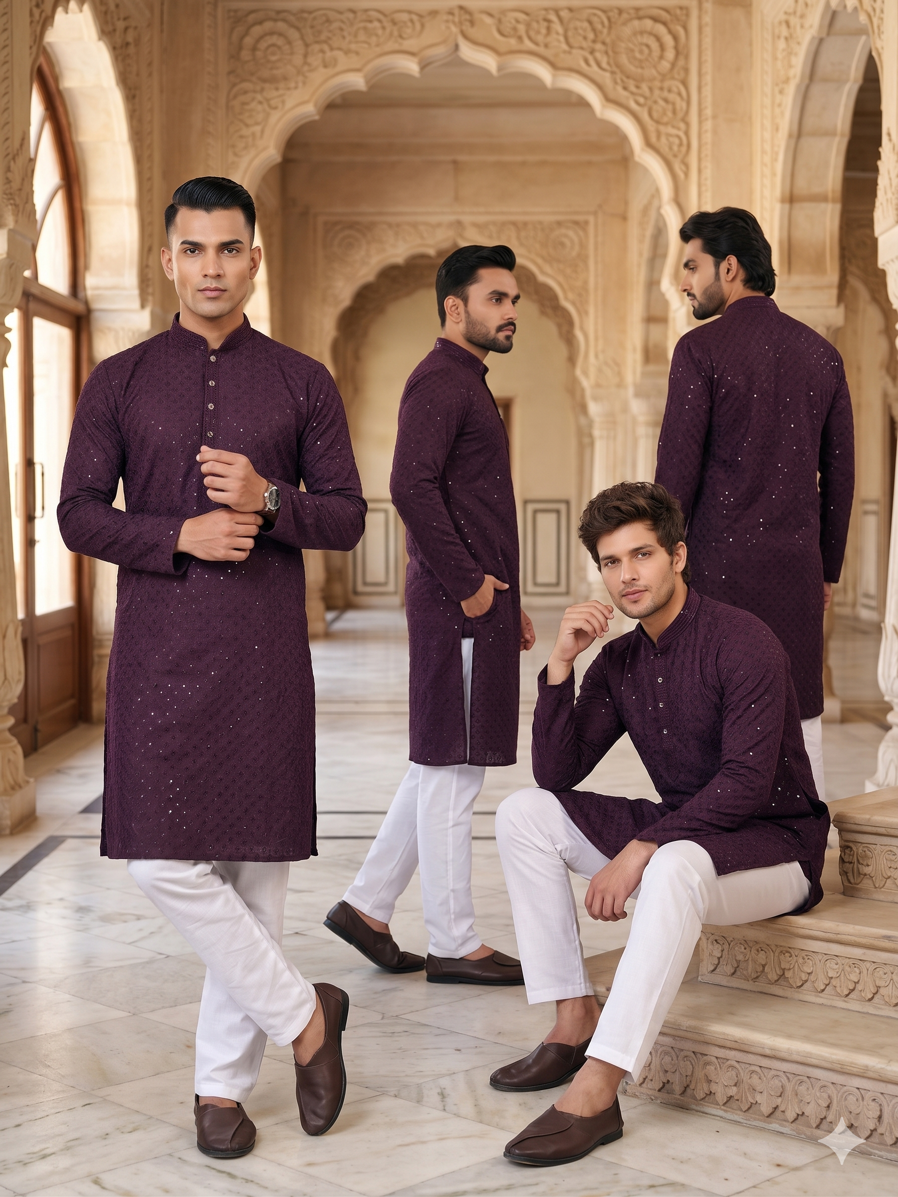 Elegant Wine Cotton Rayon Sequins Kurta Pyjama Festive Wear