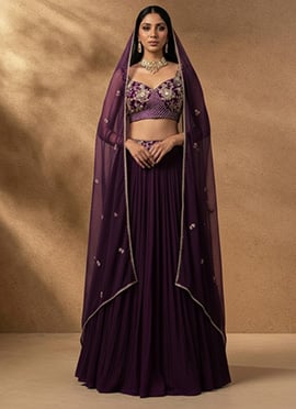 Elegant Wine Faux Georgette Beads Hand Embroidered Umbrella Lehenga