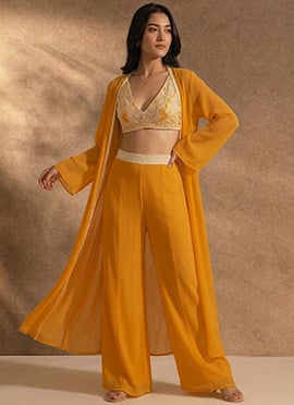 Elegant Yellow Georgette Zari Resham Beads Indowestern Set