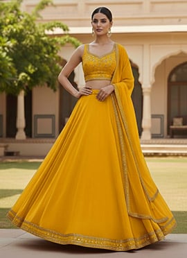 Elegant Yellow Georgette Zari Sequins Hand Embroidered Umbrella Lehenga