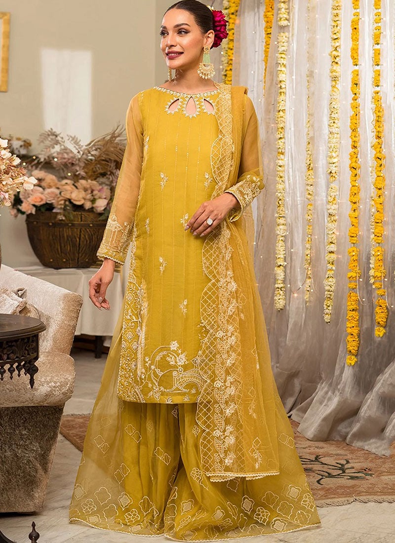 Elegantly Embroidered Beads Work Organza Palazzo Suit Party Wear