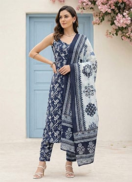 Elegantly Printed Cotton Blue Straight Pant Suit