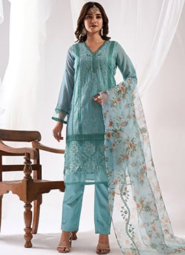 Embroidered Beads Powder Blue Faux Georgette Pakistani Suit