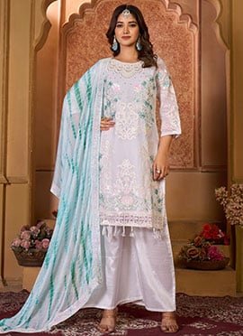 Embroidered Beads White Faux Georgette Pakistani Suit