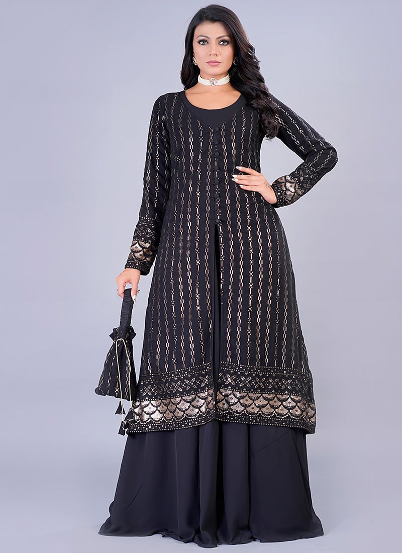 Embroidered Black Faux Georgette Jacket Gown Festive Wear
