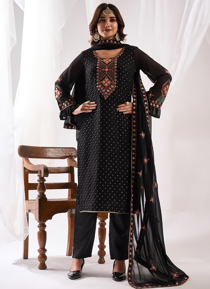 Embroidered Black Faux Georgette Pakistani Suit Party Wear