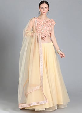 Embroidered Peach N Cream Boat Neck Lehenga