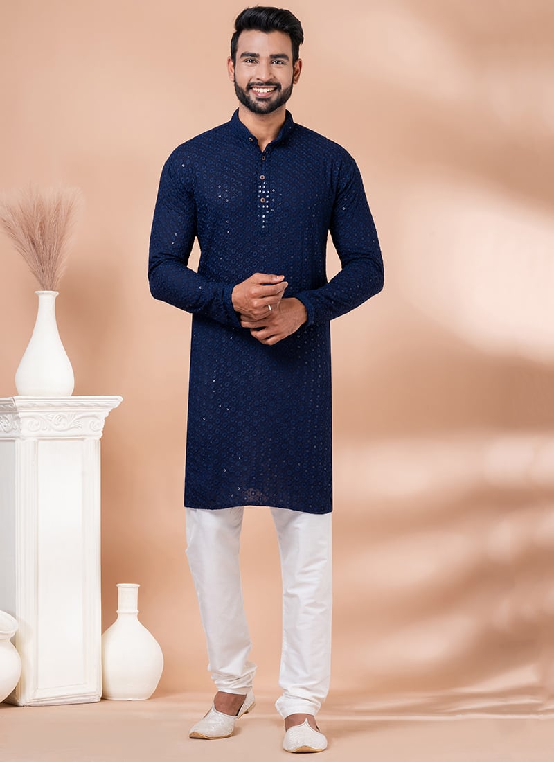 Embroidered Sequins Cotton Navy Blue Kurta Pyjama Party Wear