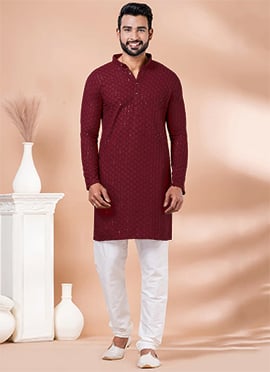 Embroidered Sequins Cotton Red Kurta Pyjama