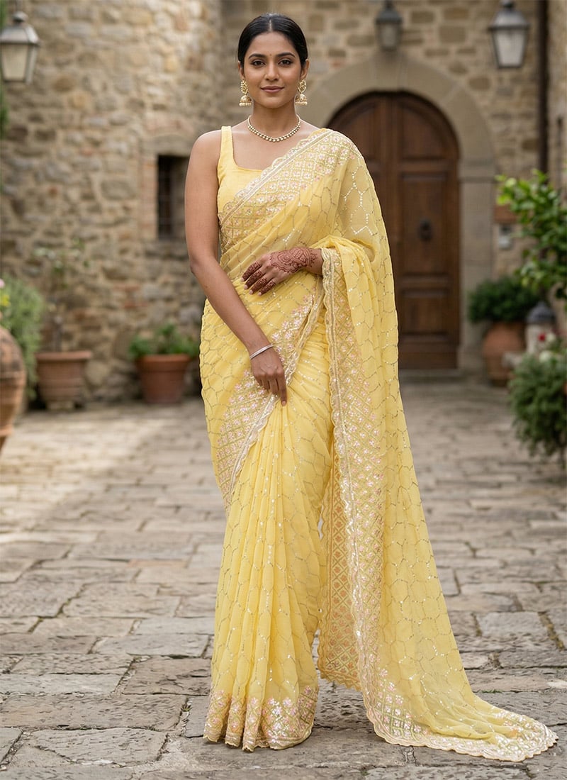 Embroidered Sequins Georgette Yellow Saree Party Wear