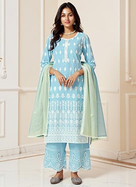 Embroidered Sky Blue Cotton Dressy Palazzo Pant Suit For Classy Women