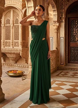 Emerald Green Pre Draped Saree With Hand Embroidered Embellished Blouse