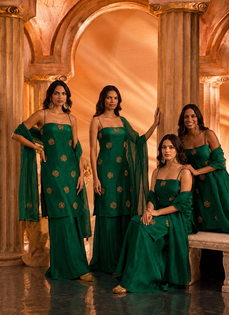 Emerald Green Silk Hand Embroidered With Stone Work Palazzo Suit After Six Wear