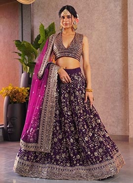 Exquisite Purple Faux Georgette Zari Embroidered Sequins Lehenga