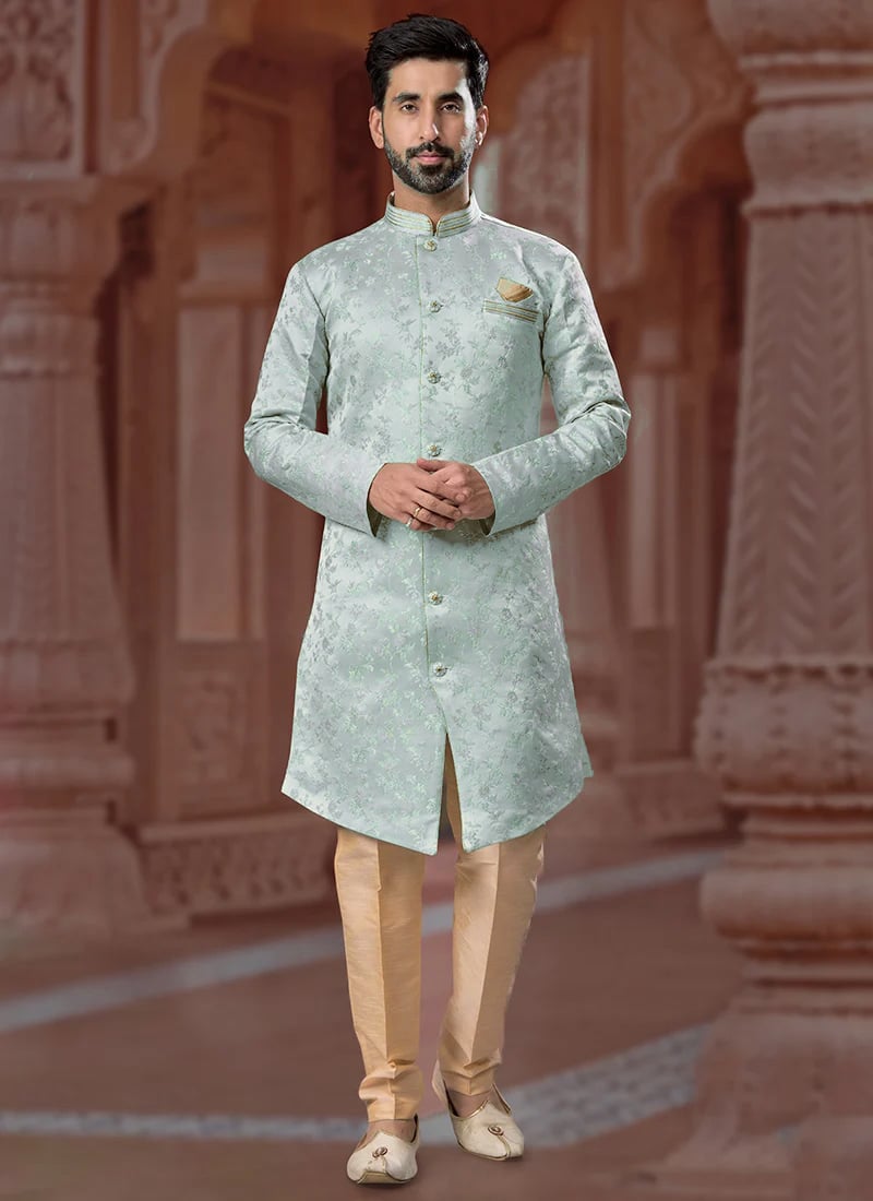 Exquisite Sequins Thread Jacquard Dupion Silk Indowestern Sherwani Wedding Wear