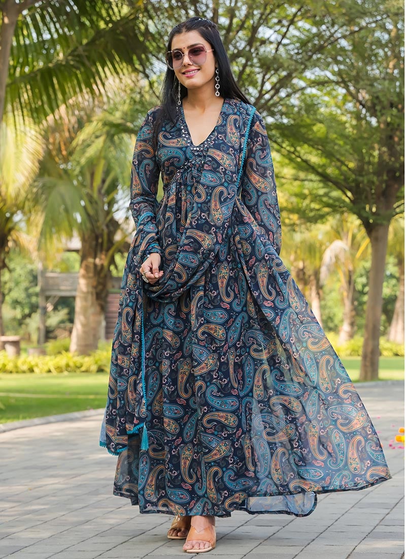 Faux Georgette Floral Print Mirror Work Anarkali Gown Party Wear