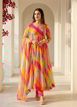 Georgette Printed Anarkali Gown With U Neck And Full Sleeve