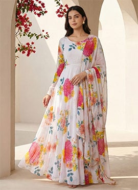 Georgette Printed Anarkali Gown With U Neck And Full Sleeve