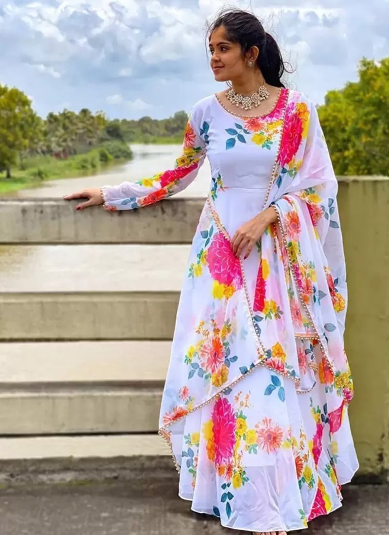 Faux Georgette Printed Anarkali Gown With U Neck And Full Sleeve After Six Wear