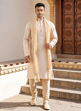 Fawn Banarasi Jacquard Silk Kurta Pyjama