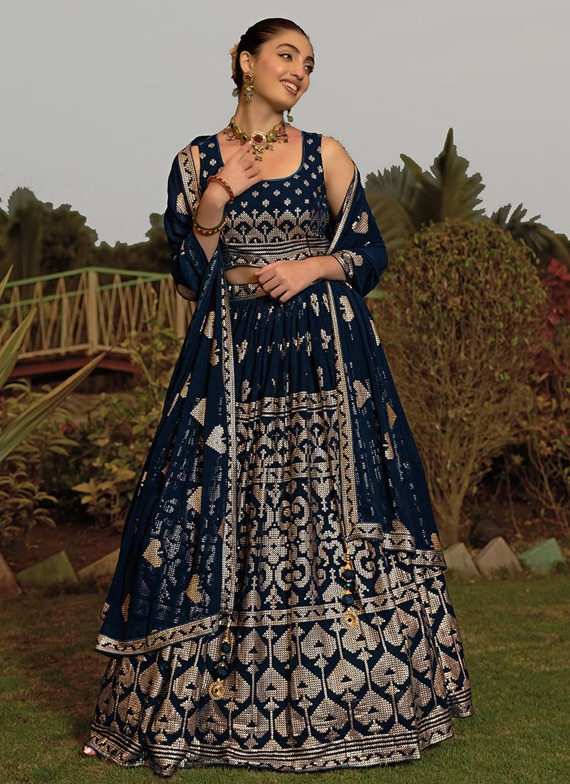 Festive Blue Faux Georgette Sequins Lehenga Wedding Wear