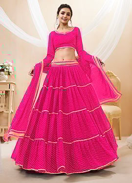 Festive Pink Faux Georgette Leheriya Print Umbrella Lehenga With Gota