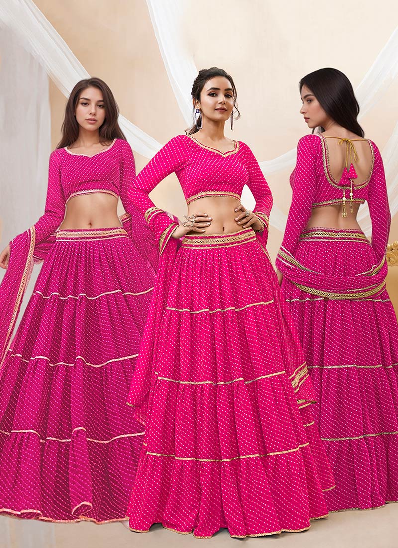 Festive Pink Faux Georgette Leheriya Print Umbrella Lehenga With Gota Party Wear