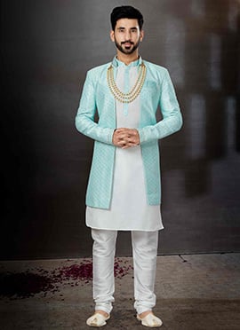 Firozi Blue Art Silk Thread Work Indowestern Sherwani