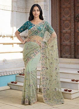 Firozi Net Embroidered Zari Saree