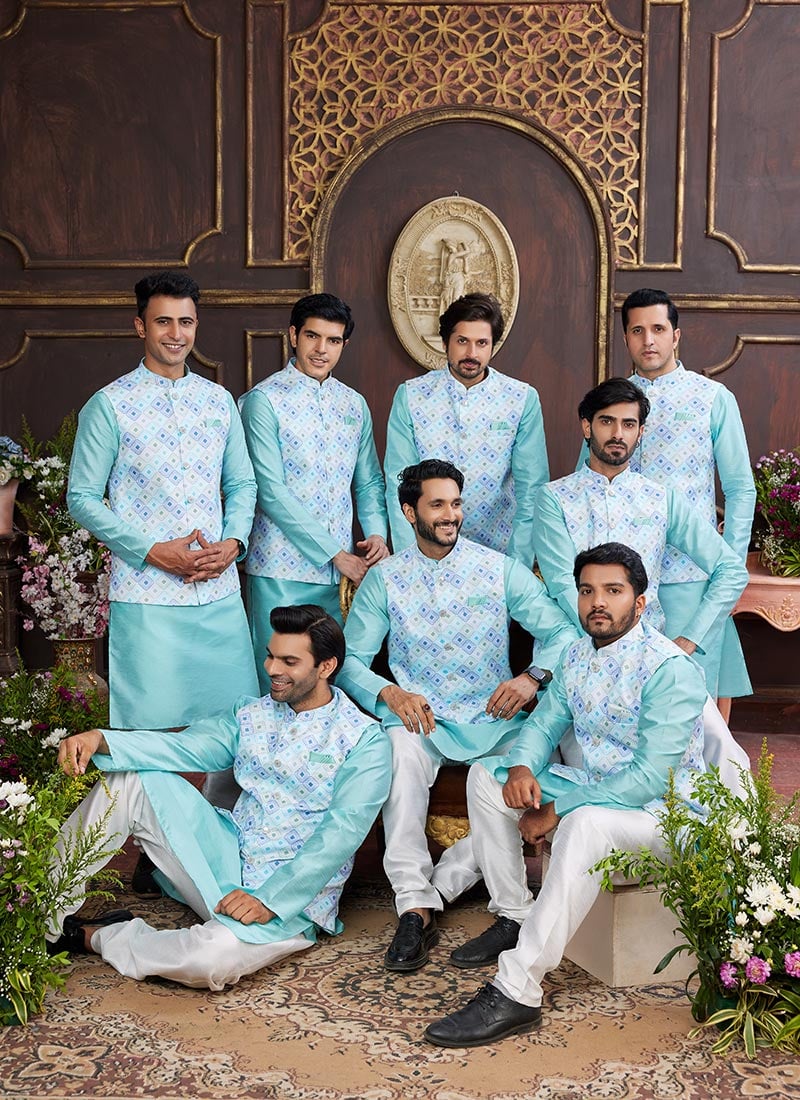 Firozi Silk Digital Print Bandi Set Festive Wear